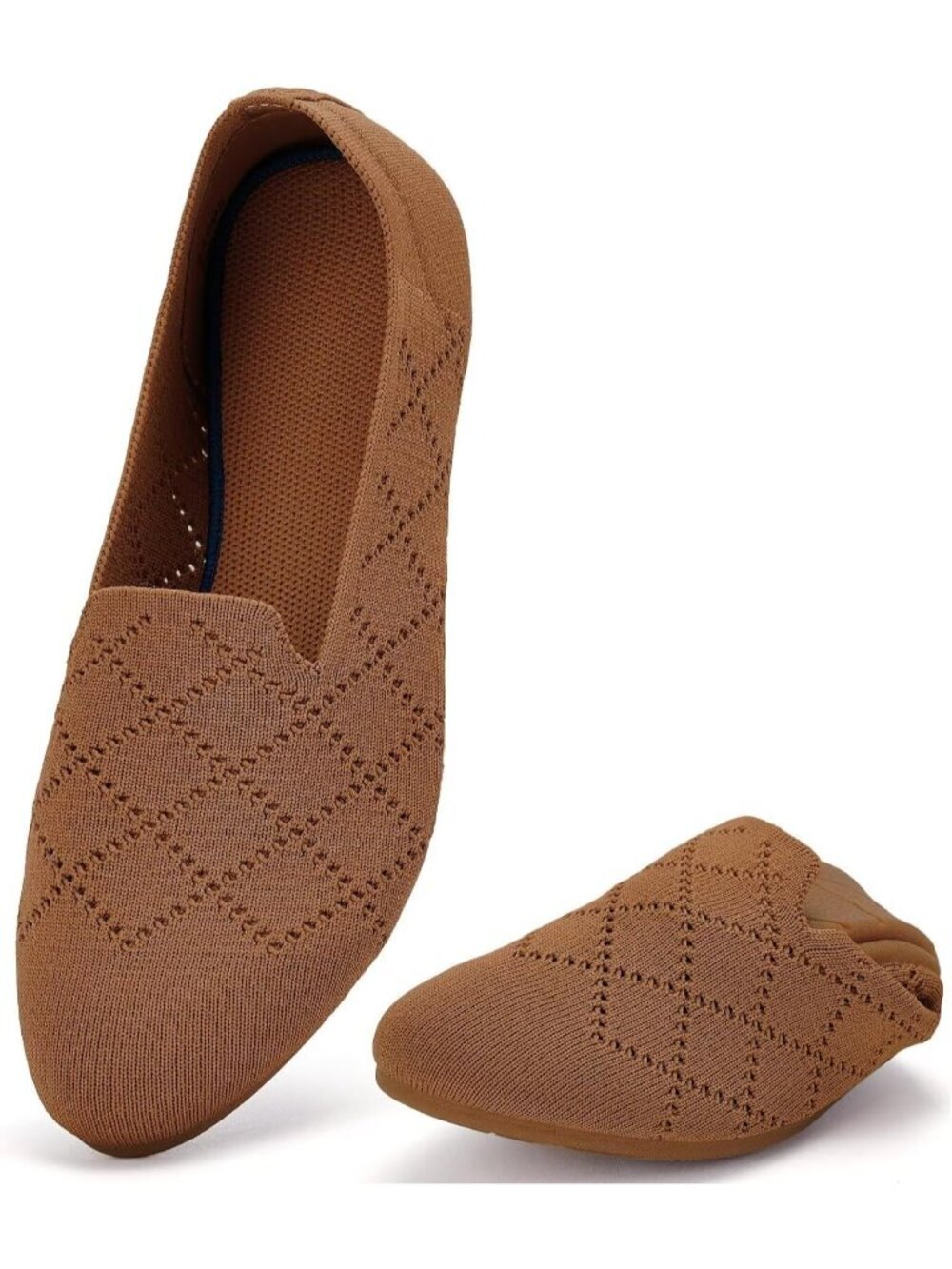 Women's Light Brown Ballet Flat Knit Round Toe Textile Slip On Walking Shoes